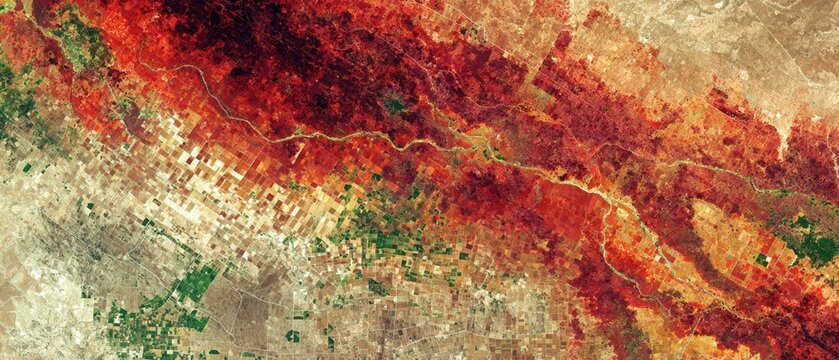 Satellite image showing a large wildfire spreading across a predominantly agricultural landscape with patches of green vegetation.