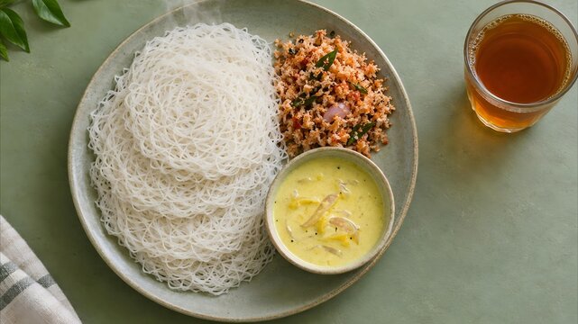 String Hoppers with Sambol and Curry on Plate