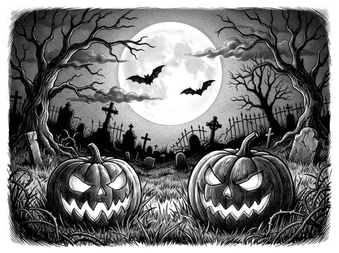 Spooky graveyard halloween scene with full moon and pumpkins