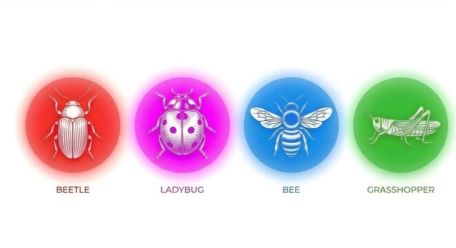 vintage-style vector illustrations of four insects inside glowing colored circles: a beetle on a red background, a ladybug on a pink background, a bee on a blue background, and a grasshopper on green