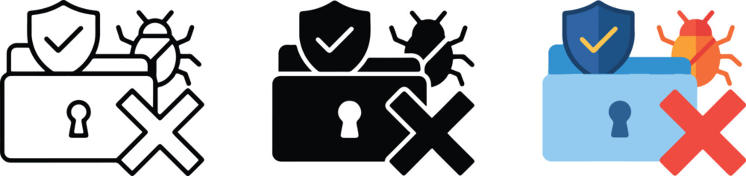 Antivirus malware protection icon with locked folder, shield and bug in outline, silhouette and color