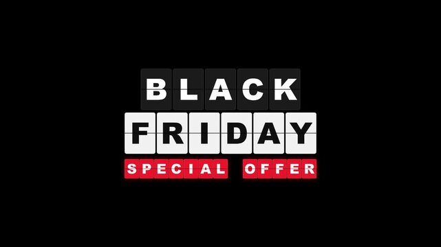 Animated split flap display reveals BLACK FRIDAY and SPECIAL OFFER in bold contrasting tiles, creating a retro inspired retail promotion loop on a black background.