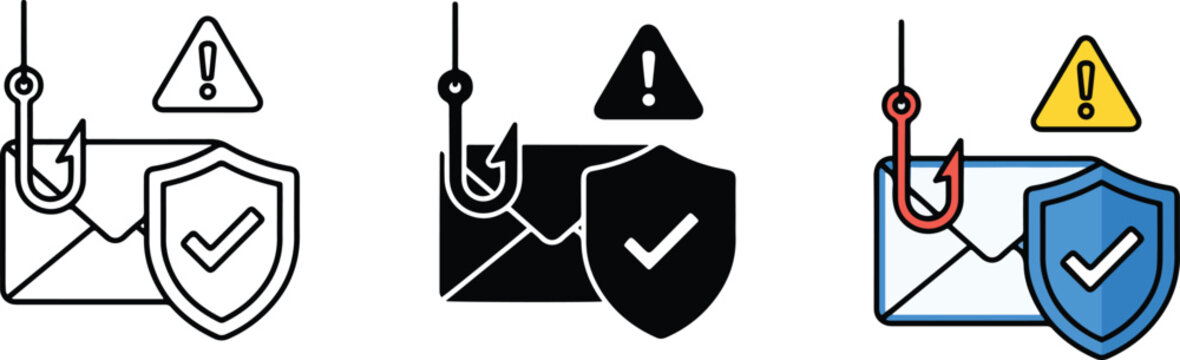 Phishing email warning icon with fishing hook, envelope and shield in outline, silhouette and color