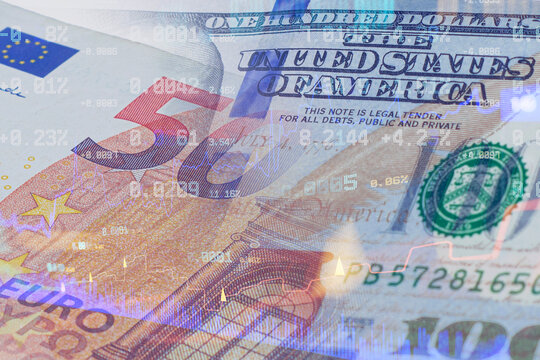 50 euro banknote and US dollar bill macro shot with stock market trading graph double exposure. Global financial crisis, EUR USD exchange rate, inflation rate and market volatility concept.