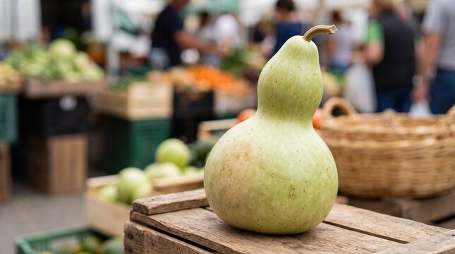 Freshly picked gourd on wooden crate at market