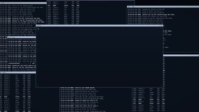 Multiple terminal windows displaying server logs and system monitoring data for DevOps and cybersecurity.