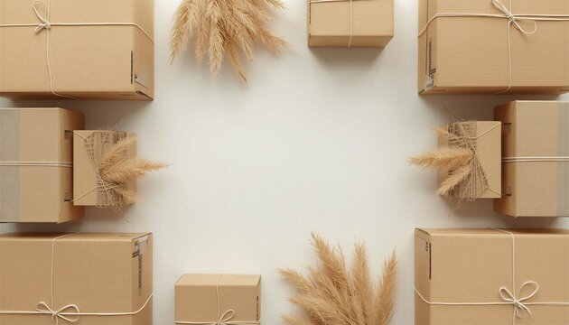 Top view of wrapped cardboard gift boxes tied with string and decorated with pampas grass, framing a soft neutral center for seasonal packaging or delivery themes
