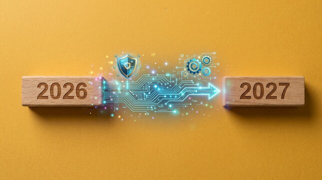 Transition from year 2026 to 2027 represented by wooden blocks connected with digital circuit board graphics, shield, and gear icons on a yellow background symbolizing technology upgrade and future pl