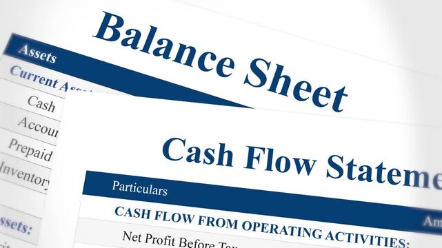 Balance sheet and cash flow statement top view. Business, accounting, market, valuation, audit, assets, finance, profit and loss calculation. 4k video footage