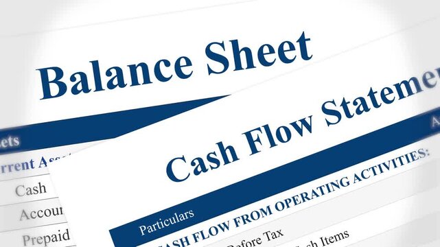 Balance sheet and cash flow statement top view. Business, accounting, market, valuation, audit, assets, finance, profit and loss calculation. 4k video footage
