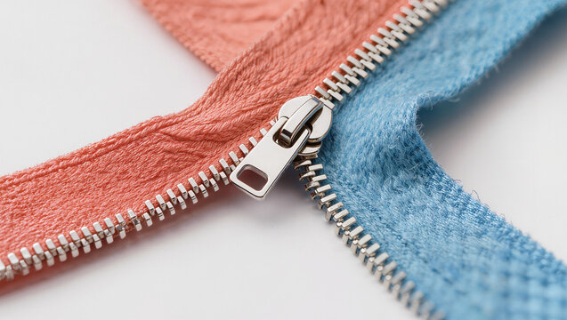 metal zipper joining coral and blue textured fabric bands in close up, macro detail on white surface with soft shadows, conceptual partnership and joining different perspectives concept