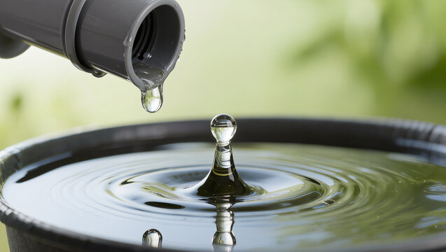 water drop falling from a gray pipe into a rain barrel creating ripples, close up view with soft green bokeh, conceptual water conservation and rain collection concept