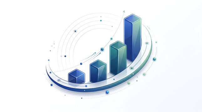 Isometric 3d bar chart showing business growth and financial success with abstract digital data visualization elements