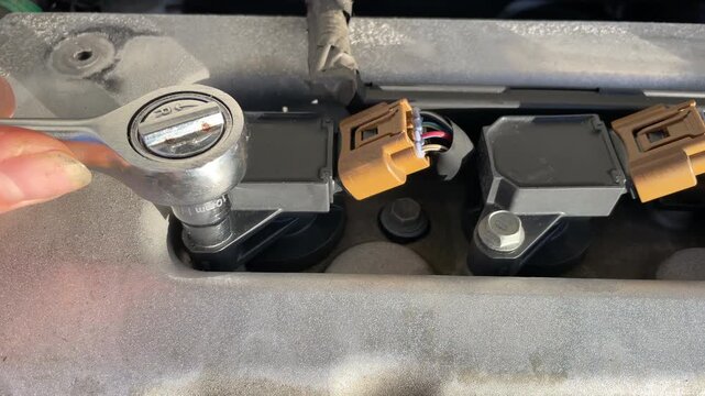 Close up shot of mechanic hands performing routine engine maintenance, using a socket wrench to unscrew bolts and work on the ignition coil packs while changing spark plugs on a 2007 Toyota Corolla. I