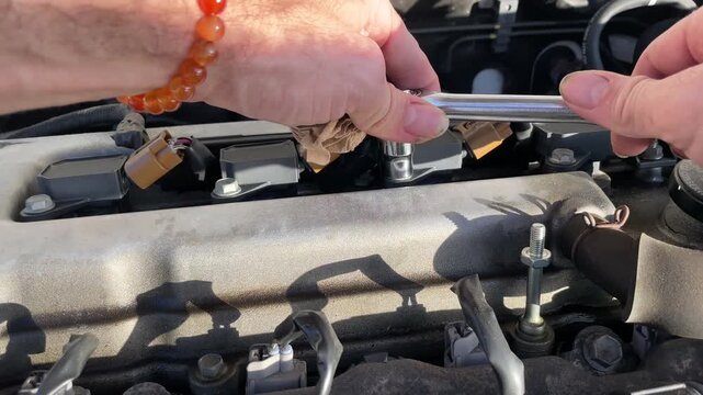 Close up shot of mechanic hands performing routine engine maintenance, using a socket wrench to unscrew bolts and work on the ignition coil packs while changing spark plugs on a 2007 Toyota Corolla. I