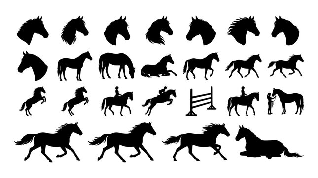 Horse silhouettes set with heads, standing, running, jumping, and with rider for equestrian design