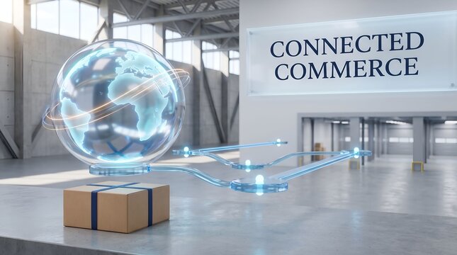 A futuristic warehouse featuring a glowing holographic globe sitting on top of a cardboard shipping box