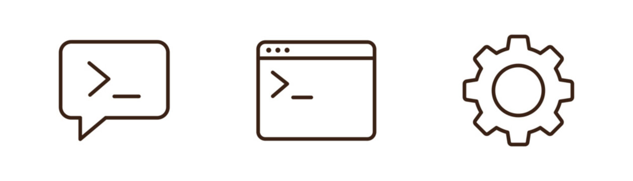 Set of thin line icons for software development, including a command prompt speech bubble, a terminal window, and a gear settings icon