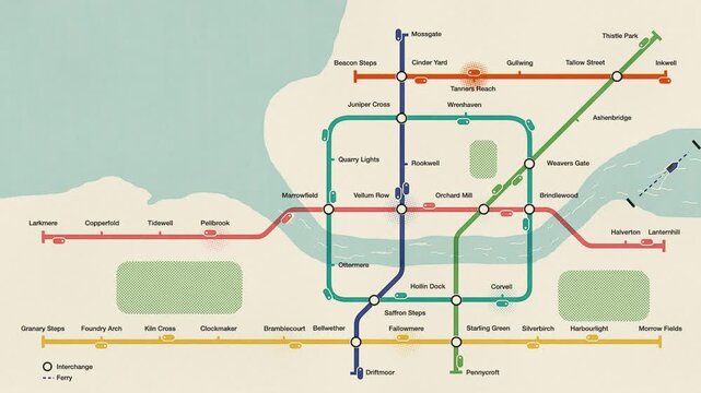 Animated subway map of a fictional city in screen print style, colorful metro lines with moving trains and glowing stations, seamless loop