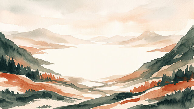 Atmospheric watercolor mountain landscape with muted pine green and terracotta tones featuring large central copy space