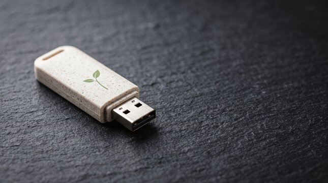 Biodegradable eco friendly USB flash drive with leaf logo on dark slate background