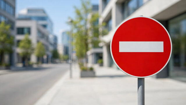 Red no entry traffic sign with white bar on city street pole