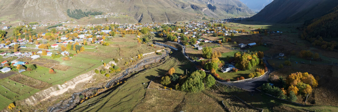 Aerial view of Sioni Village in Georgia's kazbegi mountainous valley