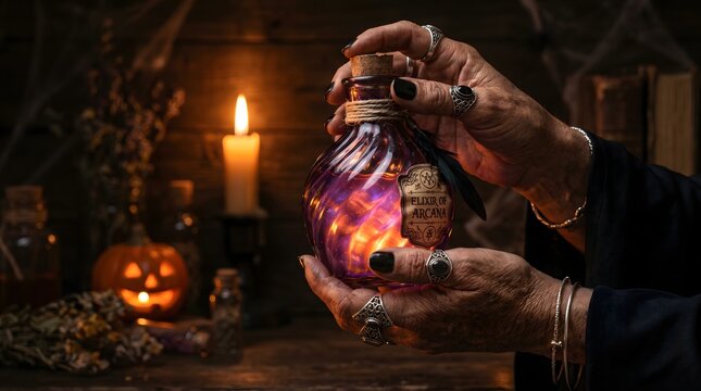 Enchanting hands delicately hold a mysterious, glowing magic potion bottle, casting an eerie light in a dimly lit, witch's lair amidst ancient rituals and shadowy secrets, perfect for Halloween