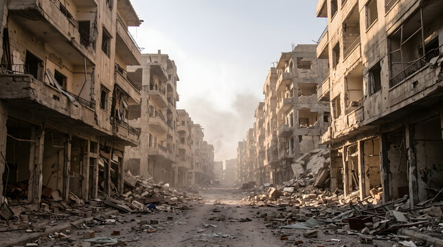 Destroyed apartment buildings and rubble on an empty city street