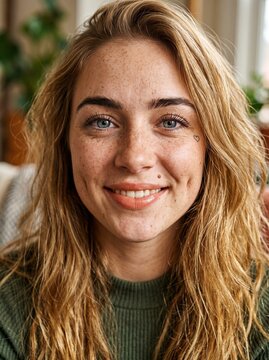 Close-Up Portrait of a Freckled Blonde Woman with Blue Eyes
