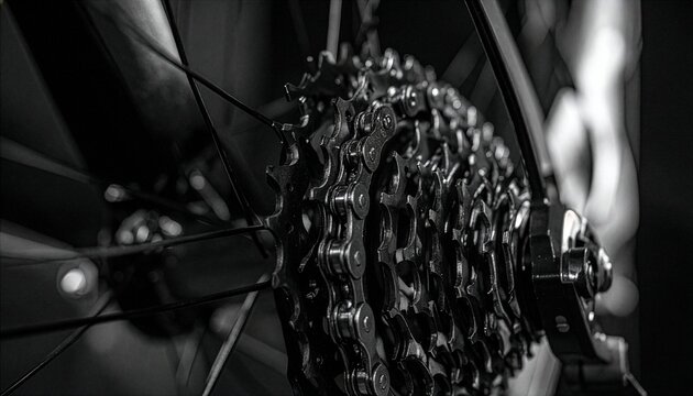Black and white closeup of a bicycle gear cassette and metal chain, showing the intricate mechanical drive system.