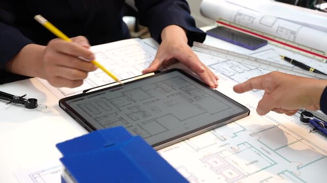 Architects reviewing building plans on a tablet and paper blueprints at a desk, with hands pointing, writing, and discussing a construction project.