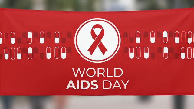 Red awareness ribbon banner with medical capsules for health campaign