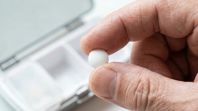 Close-up of senior hand holding single white round pill. Prescription medication and daily dose from pill organizer box