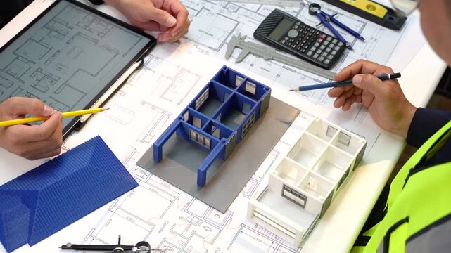 Architects and engineers review building plans with scale house models, tablet, calculator and measuring tools on a desk.