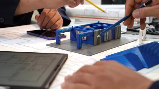 Architects and engineers use pointers to review a small building model on blueprints, with a tablet and design plans on the worktable.