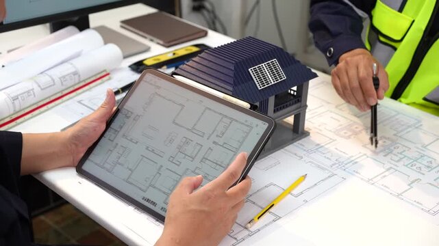 Architects and construction professionals review digital and printed building plans at a desk, combining a tablet, blueprints, measuring tools, and safety clothing.