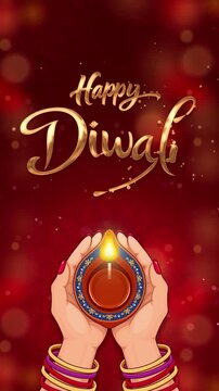 Happy Diwali Vertical Animated Gold Calligraphy Lettering Reveal on Red Burgundy Background with Hands Holding Glowing Diya, Ornamental Mandala and Floating Bokeh Lights