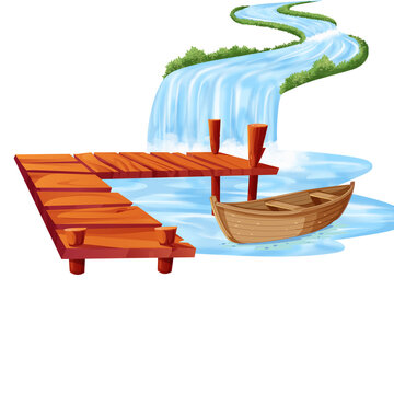 Wooden pier dock with a small boat near a waterfall landscape vector illustration transparent background