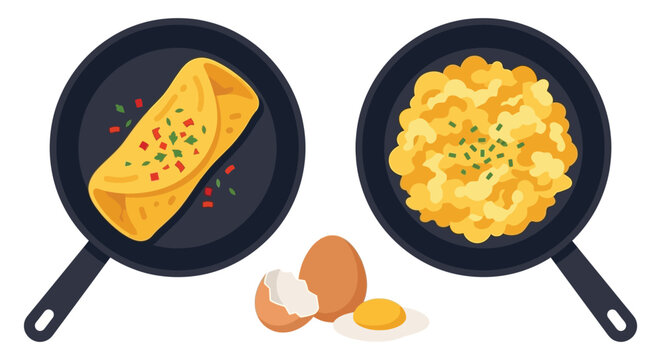 Two frying pans contain an omelet and scrambled eggs with a cracked eggshell on a white background