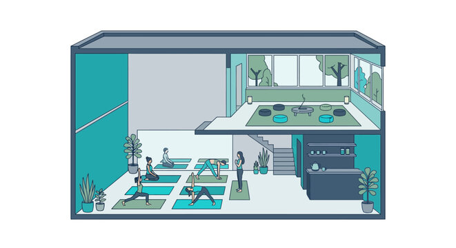 Yoga studio building cross section showing fitness classes and meditation rooms with people practicing wellness.