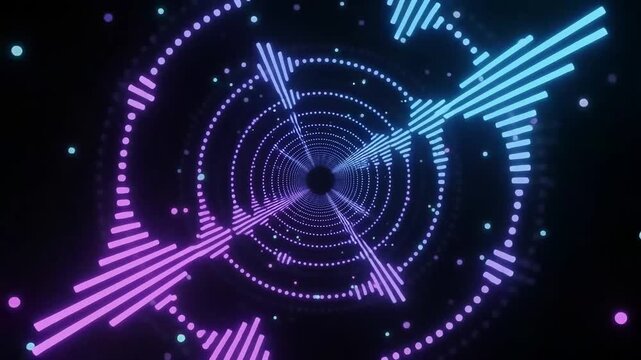 Futuristic audio equalizer tunnel with pulsating sound wave circles and particles music beat frequency rhythm vibration