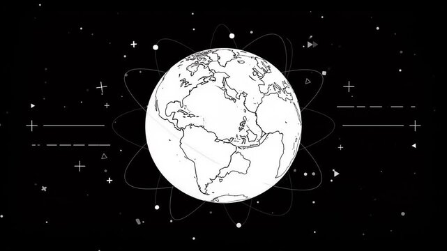 Rotating planet earth globe surrounded by glowing orbital lines against a dark background world continents geography