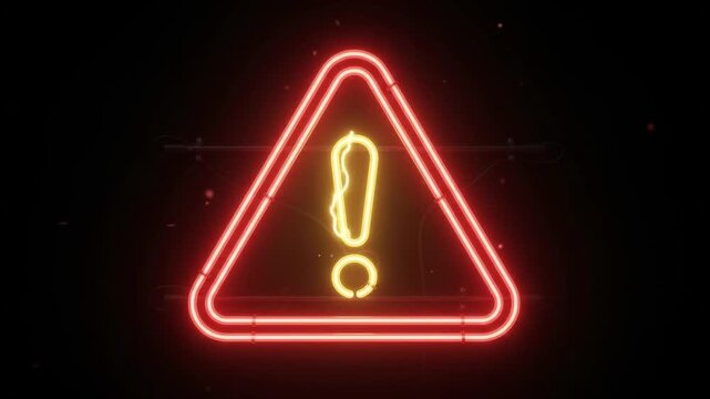 Glowing yellow neon caution warning sign triangle in dark space exclamation mark hazard alert symbol light
