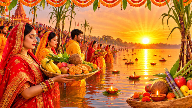 Indian Devotees Offering Evening Arghya to the Setting Sun During Chhath Puja