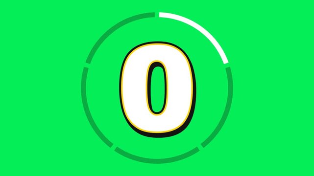 Countdown timer 5 to 0, bold white numbers with shadow on a solid green screen, ending with an explosion, green and white, 4K