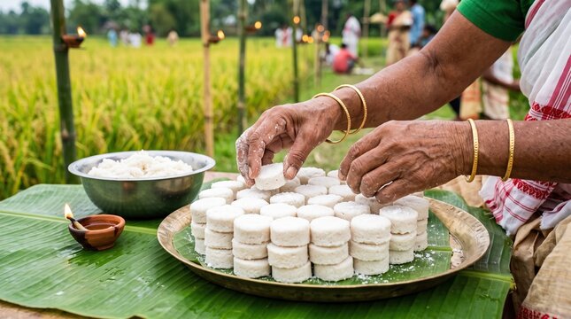 Woman arranging traditional white pitha cakes on brass plate lined with banana leaf. Kati Bihu harvest rituals in lush Assam paddy field