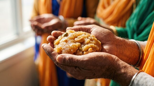 Guru Nanak Jayanti sacred offering of karah prasad in hands. Traditional Sikh sweet halwa served at gurdwara langar