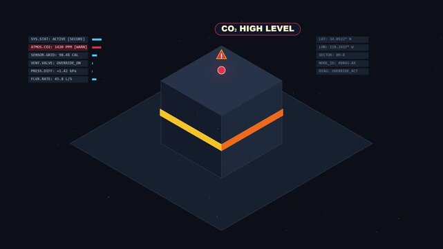 Isometric cube displays glowing red circle atop warning triangle