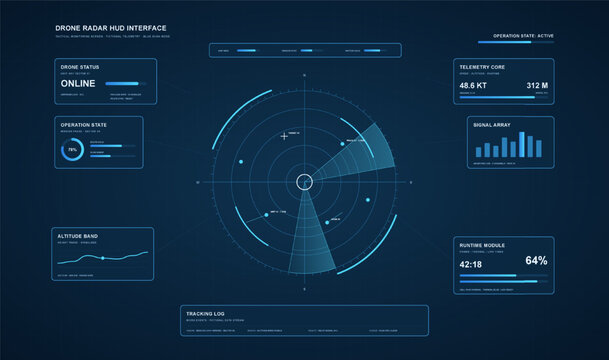 Drone radar HUD interface with tactical monitoring screen and fictional telemetry data, technology ui set